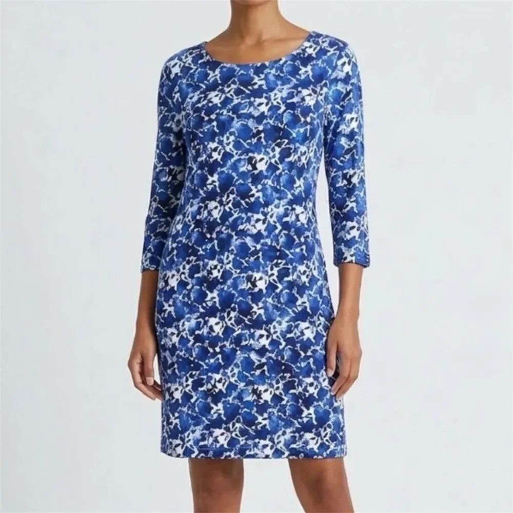 J.Crew Mercantile Blue White Floral Viscose Shift Dress XXS 3/4 Sleeve Boatneck